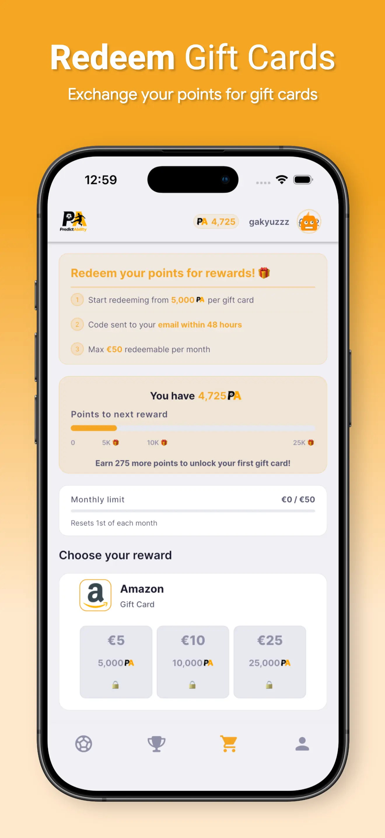 PredictAbility rewards and gift cards screen